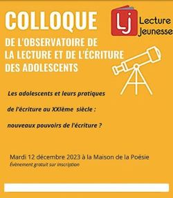 Affiche du colloque fond jaune avec titre en blanc et logo de Lecture jeunesse