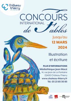 Affiche du concours avec dessins de héron, lièvre et tortue