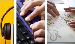 Trois visuels montrant des écouteurs, des mains sur braille numérique et braille papier