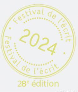Logo du festival de l'écrit comme un tampon de La Poste où est inscrit au centre2024, 28e édition