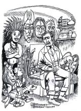 Dessin en noir et blanc de Bruno Bourdet représentant notamment le Docteur Livingstone assis dans sa case
